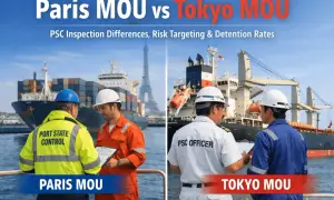 Zwei Schiffsinspektoren besprechen Dokumente. Links die Aufschrift "Paris MOU", rechts "Tokyo MOU".