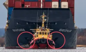 Ein Schlepper manövriert den Frachter "Newnew Polarbear" durch das Wasser. Rote Kreise heben die Bugstrahlruder hervor.
