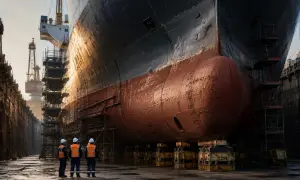 Drei iacs members in Warnwesten und Helmen stehen vor dem riesigen Rumpf eines Schiffes in einer Werft.