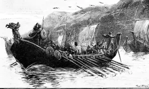Eine Flotte von Wikingerschiffen mit Drachenköpfen auf den Bugspitzen, besetzt mit Kriegern und Ruderern, segelt auf dem Meer.
