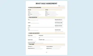 Kaufvertrag Boot: Formular zur Erfassung von Verkäufer-, Käufer- und Bootsdetails, einschließlich Motor und Verkaufskonditionen.