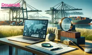 Laptop mit Weltkarte und Statistiken, Lupe über Frachtcontainer. Die "notify party bedeutung" wird durch die Analyse von globalen Daten im Hafen deutlich.