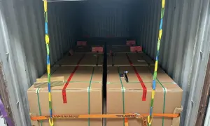 Ladungssicherung in einem Frachtcontainer: Mehrere große Kartons, gesichert mit Gurten und Ketten. Verschiedene Arten von Containern werden hier für den Transport genutzt.