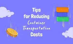 Tipps zur Reduzierung der Kosten für den Transport im Container. Ein fallendes Geldstück und gestapelte Container.