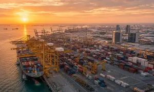 Sonnenuntergang über dem riesigen Jebel Ali Port mit Containerschiffen, Kränen und endlosen Containerreihen.