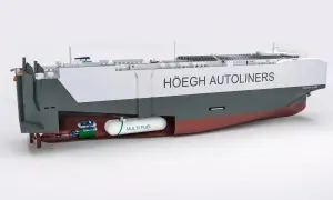 Schnittdarstellung eines Höegh Autoliners, eines Mehrzweck-Autotransporters, mit sichtbarem Multi-Fuel-Tank und Antriebssystem.