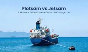 Großes Frachtschiff im Meer. Der Titel "Flotsam vs Jetsam" erklärt die Bedeutung von Treibgut und Wrackteilen.