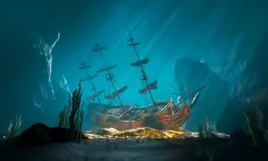 Ein **gesunkenes Schiff** ruht auf dem Meeresboden, umgeben von Felsen und Seegras. Sonnenstrahlen brechen durch das Wasser und beleuchten die Szene.