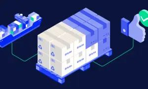 Containerfrachter liefert Paletten mit Kartons. Daumen hoch-Symbol zeigt erfolgreiches maritime Management.