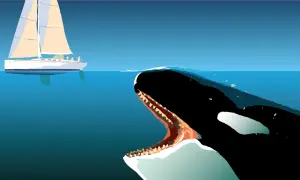 Ein Orca-Angriff auf ein Segelboot. Ein riesiger Orca mit offenem Maul nähert sich einem Segelboot mit Menschen an Bord.