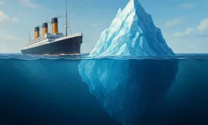 Ein riesiger Eisberg, der an den Titanic-Eisberg erinnert, ragt aus dem Meer. Ein großes Schiff nähert sich ihm.