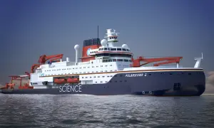 Ein modernes Forschungsschiff, die Polarstern 2, gleitet auf dem Meer.