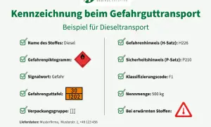 Kennzeichnung von Diesel als Gefahrgut: Piktogramm, Signalwort "Gefahr", Gefahrenguttafel 30/1202, Verpackungsgruppe III, H-Satz H226, P-Satz P210, Klassifizierungscode F1.