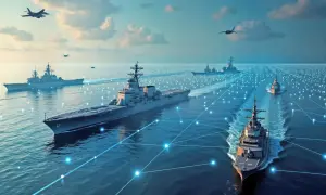 Flugzeuge und Kriegsschiffe auf dem Meer, verbunden durch ein Netzwerk aus blauen Lichtern, das maritime Domain Awareness symbolisiert.