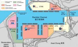 Karte des Hong Kong Ports mit Containerterminals, Rambler Channel und Brücken.