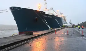 Das Schiff "Hoegh Gannet" liegt im Hafen. Arbeiter in Warnwesten sind auf dem Kai.