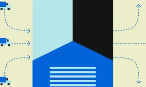 Drei LKWs liefern Waren an ein Zentrum, wo sie sofort für den Weitertransport umgeladen werden. Das illustriert das cross docking meaning.