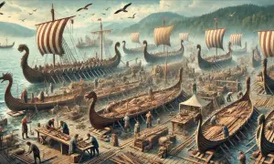 Viele Wikingerschiffe werden gebaut. Handwerker arbeiten an den Schiffen, die für die Seefahrt bereit sind.