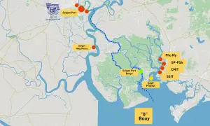 Karte zeigt den Ho Chi Minh Port und seine Wasserwege mit Markierungen für Saigon Port, Saigon Hiep Phuoc und weitere Häfen.