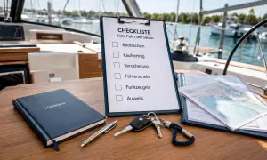 Checkliste für die erste Fahrt der Saison: Logbuch, Bootschein, Kaufvertrag, Versicherung, Führerschein, Funkzeugnis, Ausweis, Schlüssel und Seekarten.