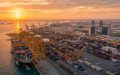 Sonnenuntergang über dem riesigen Jebel Ali Port mit Containerschiffen, Kränen und endlosen Containerreihen.