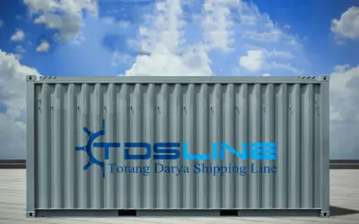 Grauer vgm container mit blauem Logo von Torang Darya Shipping Line vor blauem Himmel mit Wolken.