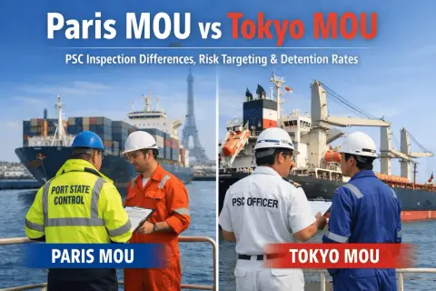 Zwei Schiffsinspektoren besprechen Dokumente. Links die Aufschrift "Paris MOU", rechts "Tokyo MOU".