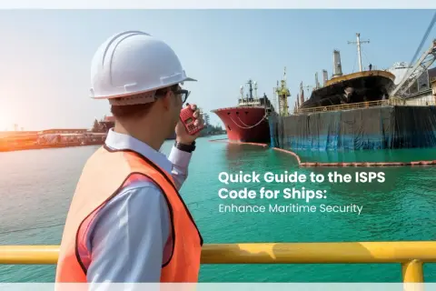 Mann mit Helm und Warnweste spricht ins Funkgerät. Im Hintergrund Schiffe im Hafen. Titel: "Quick Guide to the ISPS Code for Ships".