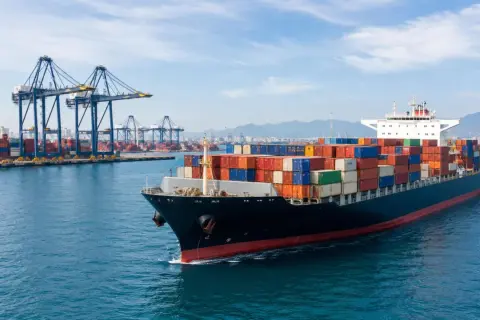Großer Frachter mit bunten Containern verlässt den Hafen. Kräne im Hintergrund, die auf die nächste Lieferung duty unpaid warten.
