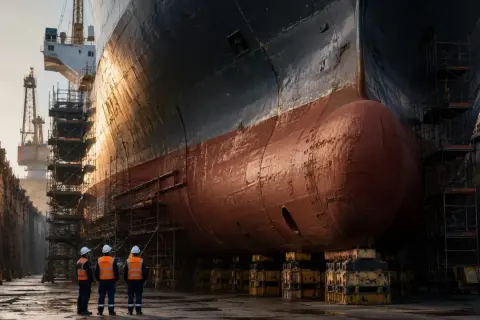 Drei iacs members in Warnwesten und Helmen stehen vor dem riesigen Rumpf eines Schiffes in einer Werft.