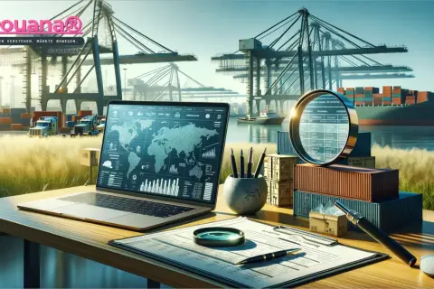 Laptop mit Weltkarte und Statistiken, Lupe über Frachtcontainer. Die "notify party bedeutung" wird durch die Analyse von globalen Daten im Hafen deutlich.