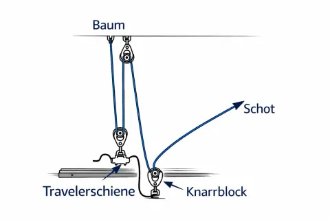 Detailzeichnung einer Segel-Takelage: Baum, Travellerschiene, Knaarblock und Schot.