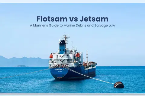 Großes Frachtschiff im Meer. Der Titel "Flotsam vs Jetsam" erklärt die Bedeutung von Treibgut und Wrackteilen.