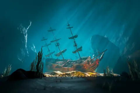 Ein **gesunkenes Schiff** ruht auf dem Meeresboden, umgeben von Felsen und Seegras. Sonnenstrahlen brechen durch das Wasser und beleuchten die Szene.