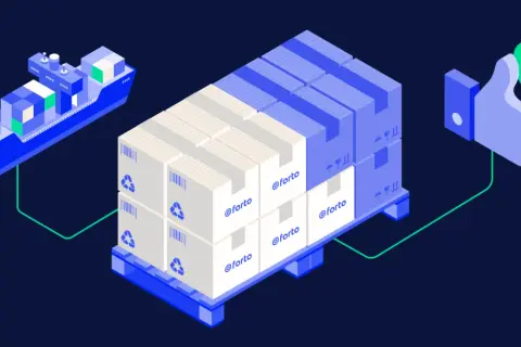 Containerfrachter liefert Paletten mit Kartons. Daumen hoch-Symbol zeigt erfolgreiches maritime Management.
