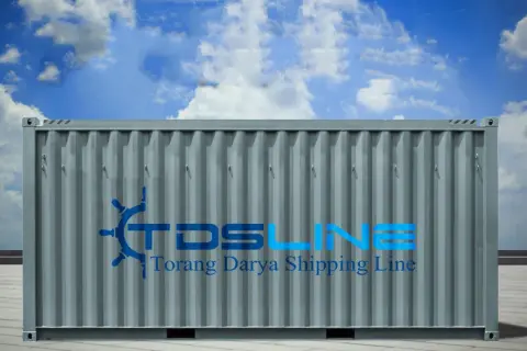 Grauer vgm container mit blauem Logo von Torang Darya Shipping Line vor blauem Himmel mit Wolken.