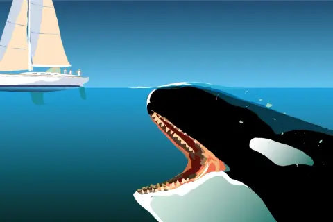 Ein Orca-Angriff auf ein Segelboot. Ein riesiger Orca mit offenem Maul nähert sich einem Segelboot mit Menschen an Bord.