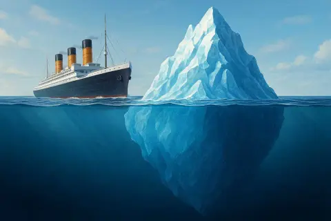 Ein riesiger Eisberg, der an den Titanic-Eisberg erinnert, ragt aus dem Meer. Ein großes Schiff nähert sich ihm.
