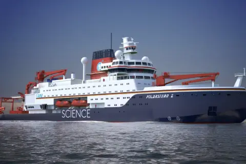 Ein modernes Forschungsschiff, die Polarstern 2, gleitet auf dem Meer.