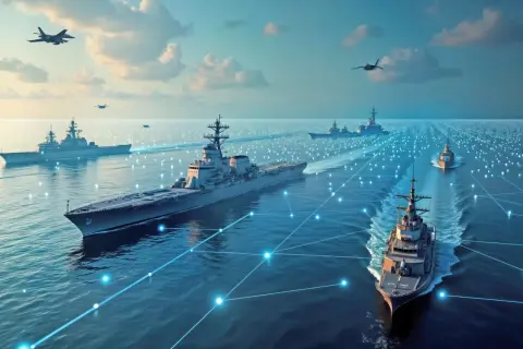Flugzeuge und Kriegsschiffe auf dem Meer, verbunden durch ein Netzwerk aus blauen Lichtern, das maritime Domain Awareness symbolisiert.