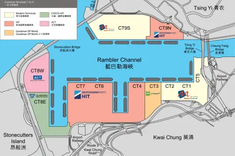 Karte des Hong Kong Ports mit Containerterminals, Rambler Channel und Brücken.