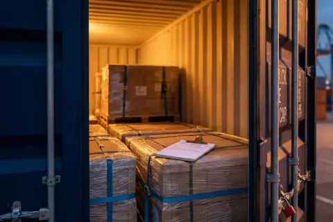 Ladung im Container, bereit für den Versand nach den Hague Visby Rules. Kisten sind verpackt und gesichert.