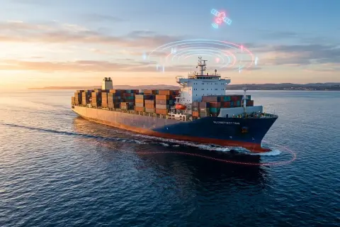 Frachtschiff "Globetrotter" mit Containern auf See, bereit zur Abholung durch den Empfänger. Satellitensignale zeigen die Route.