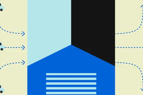 Drei LKWs liefern Waren an ein Zentrum, wo sie sofort für den Weitertransport umgeladen werden. Das illustriert das cross docking meaning.