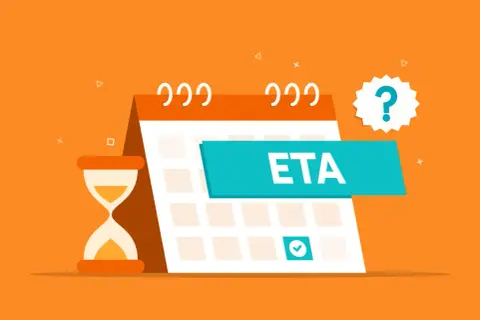 Kalender mit "ETA" und Sanduhr. Wann ist das ETA-Datum? Ein Fragezeichen schwebt über dem Kalender.