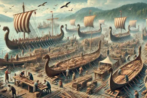Viele Wikingerschiffe werden gebaut. Handwerker arbeiten an den Schiffen, die für die Seefahrt bereit sind.