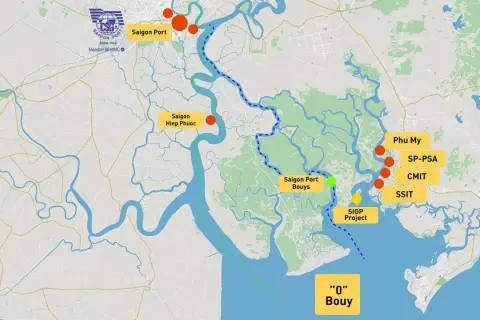 Karte zeigt den Ho Chi Minh Port und seine Wasserwege mit Markierungen für Saigon Port, Saigon Hiep Phuoc und weitere Häfen.