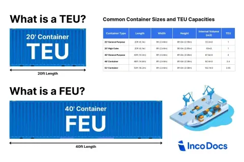 Ein 20-Fuß-Container, auch TEU genannt, ist die Standardeinheit für Fracht. Die Tabelle zeigt verschiedene Containergrößen und ihre TEU-Kapazitäten.