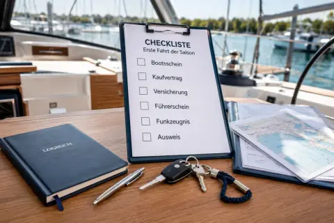Checkliste für die erste Fahrt der Saison: Logbuch, Bootschein, Kaufvertrag, Versicherung, Führerschein, Funkzeugnis, Ausweis, Schlüssel und Seekarten.