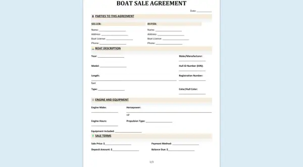Kaufvertrag Boot: Formular zur Erfassung von Verkäufer-, Käufer- und Bootsdetails, einschließlich Motor und Verkaufskonditionen.